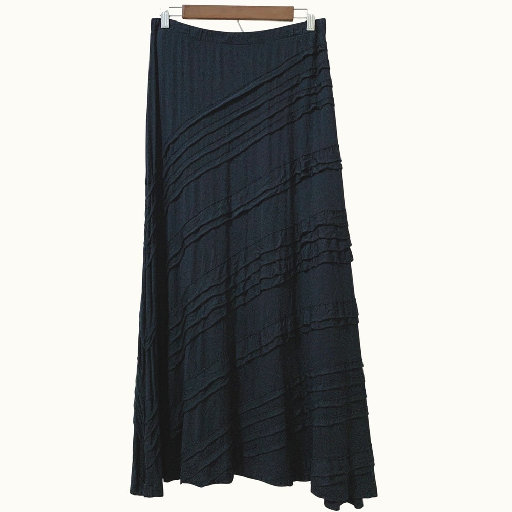 Soft Surroundings Maxi Skirt Women's PM Navy Blue‎ Pull On Stretch Tiered Ruffle